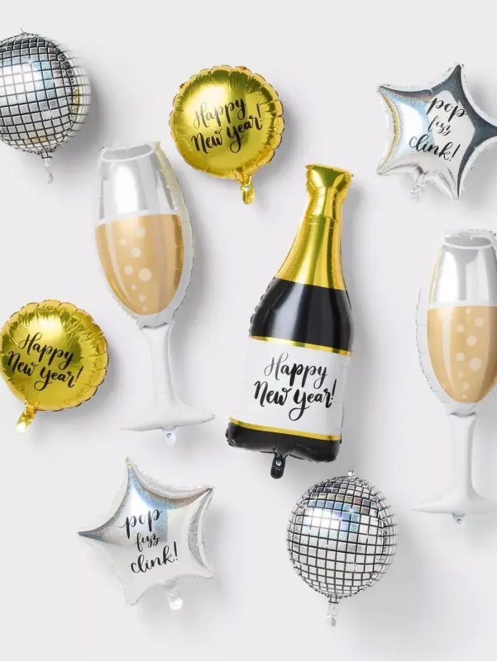 ☀️ 10 pc Happy New Year Foil Balloon Bundle - Champagne Disco Star - Spritz